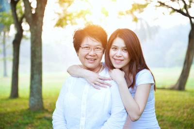 Portrait of Asian elderly mother and daughter, senior adult women and grown child